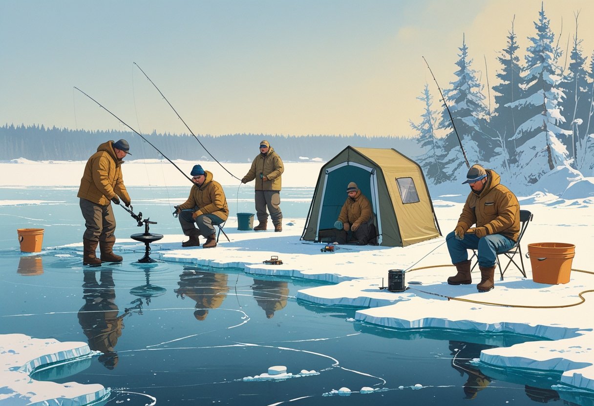 Several people ice fishing on a frozen lake using different methods, including drilling holes, sitting in a small shelter, using tip-up devices, and fishing with rods, surrounded by snow and trees.