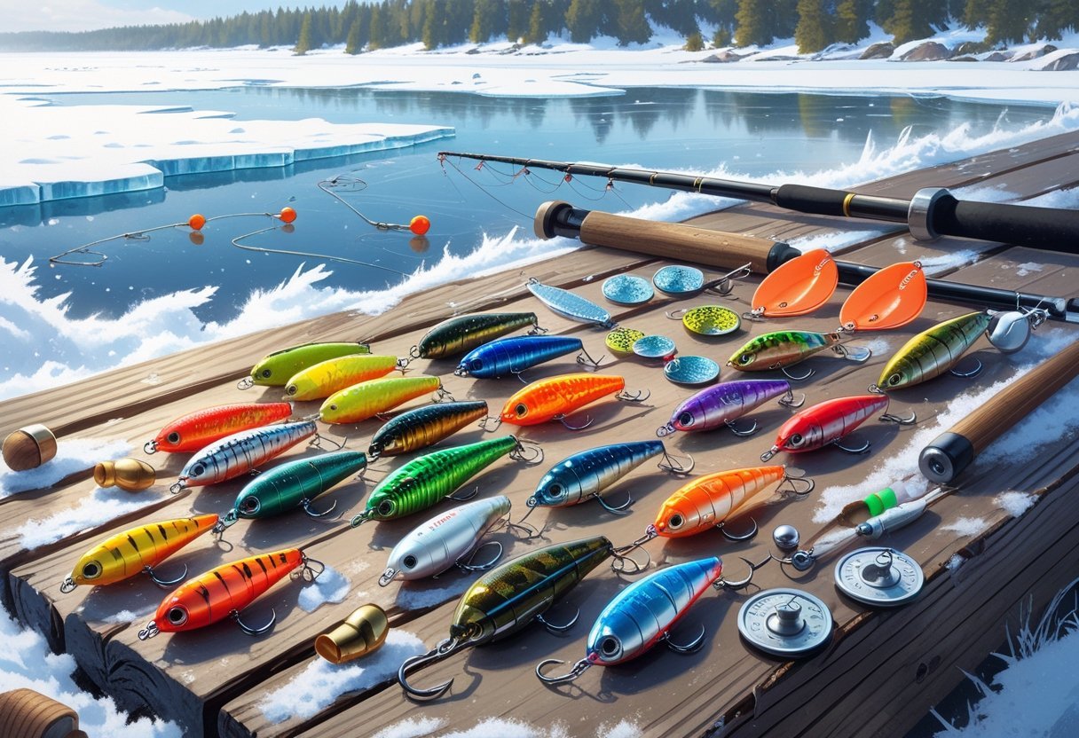 An assortment of ice fishing bait and lures arranged on a snowy wooden surface with a frozen lake and ice fishing holes in the background.