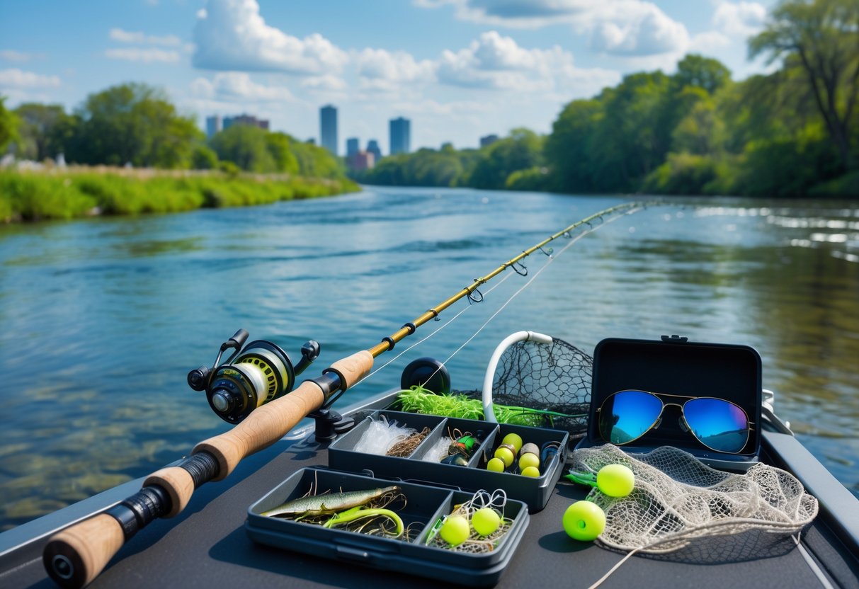 Fishing gear including a rod, tackle box, net, and sunglasses arranged by a clear river with green banks and a distant city skyline.