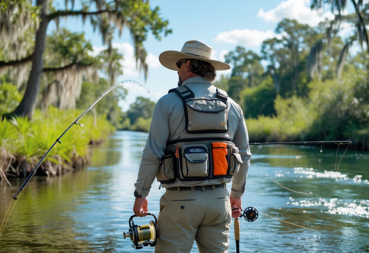 An angler wearing fishing gear stands on a riverbank surrounded by green trees and clear water, preparing to fish in a Florida river.