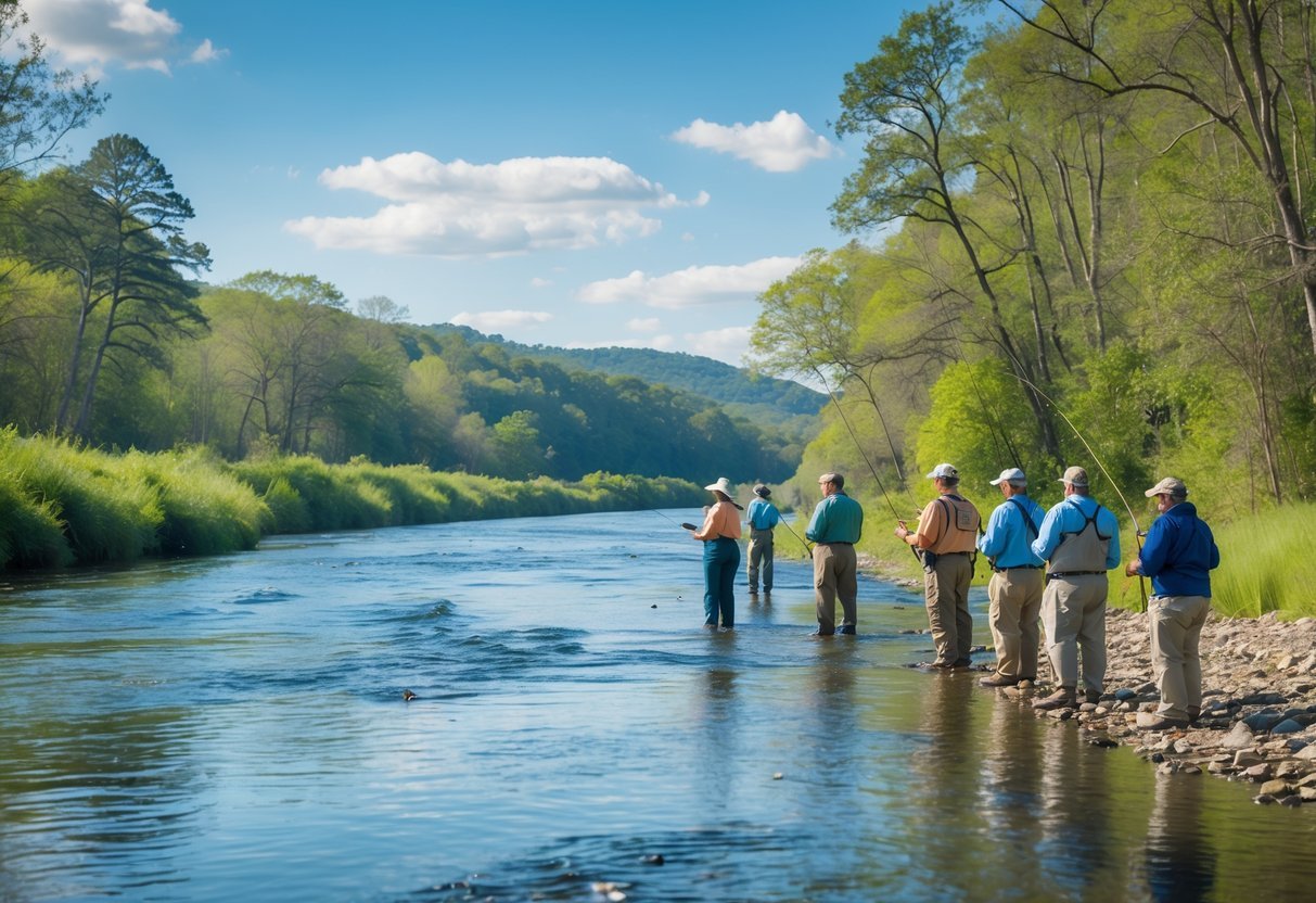 People fishing responsibly along a clear Virginia river surrounded by green trees and hills under a sunny sky.