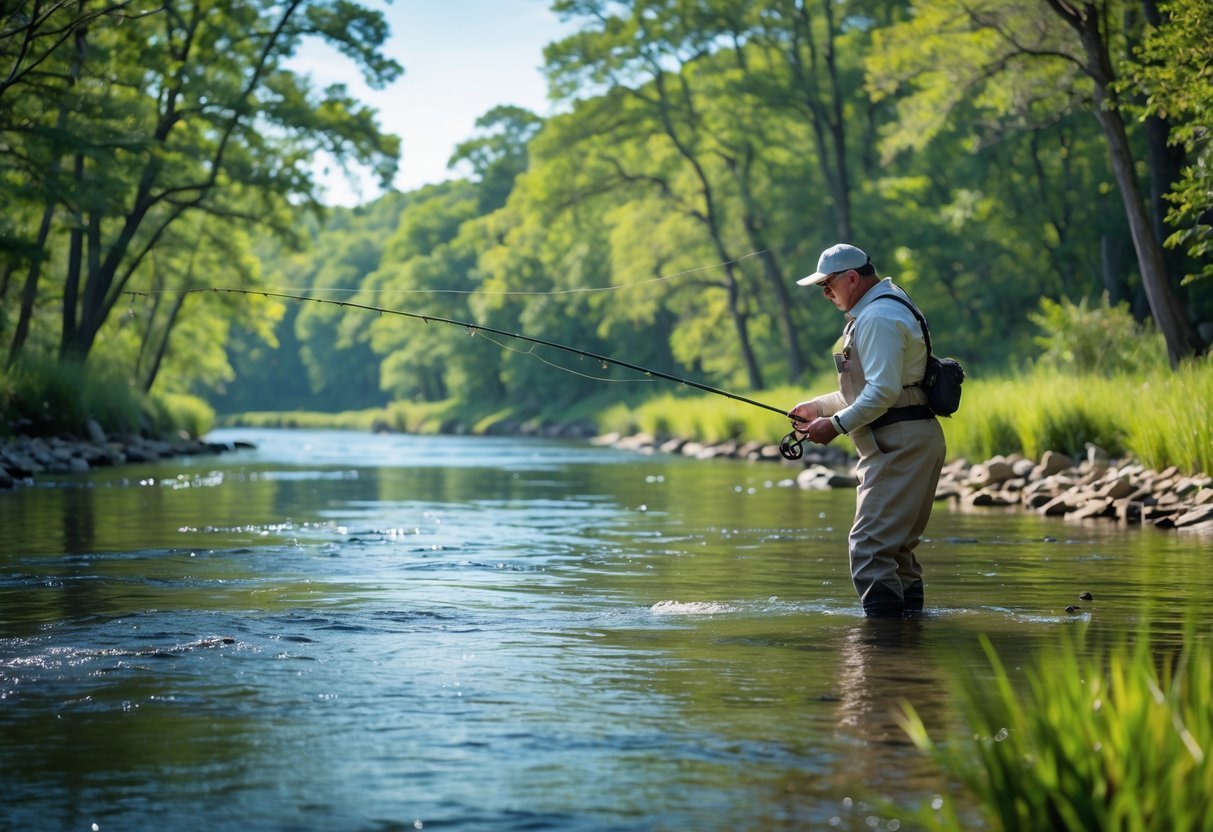An angler fishing in a clear river surrounded by green trees and rocks under a sunny sky.