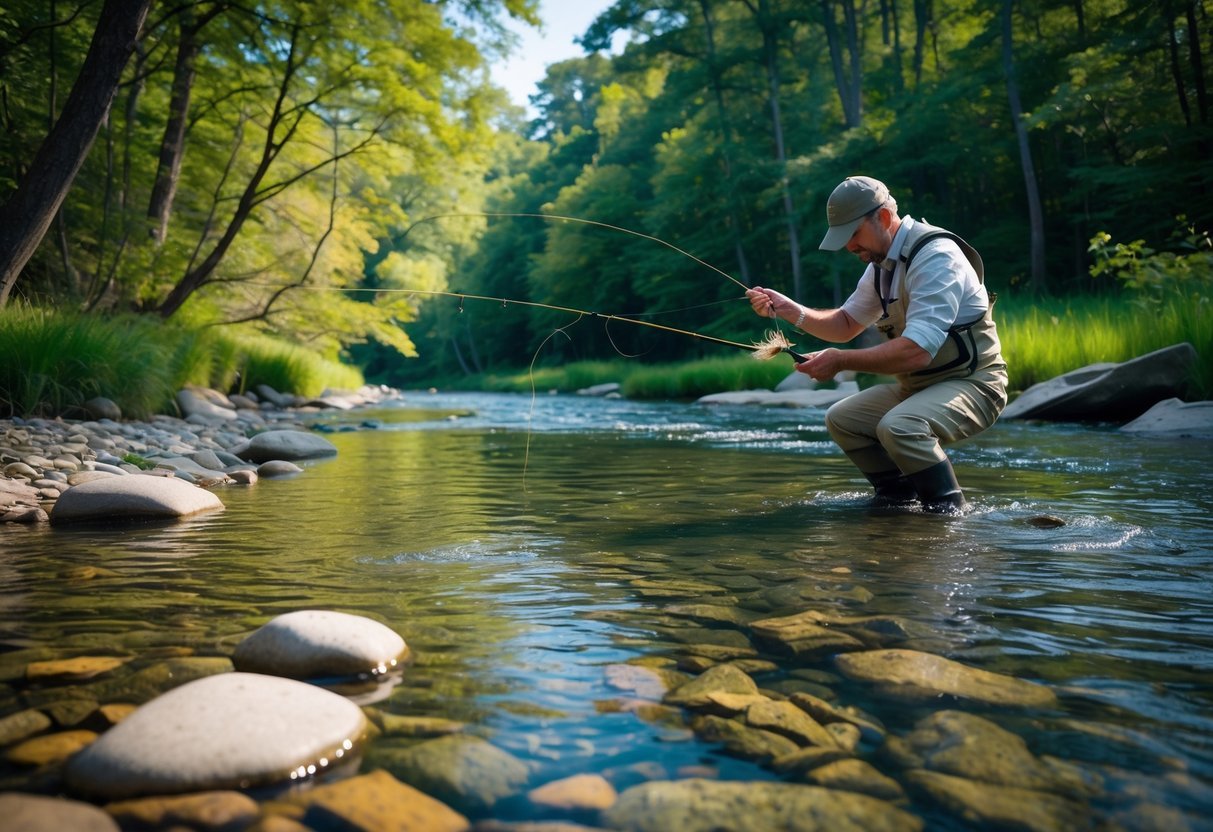 An angler rigging a fly fishing lure by a clear, shallow creek surrounded by green forest.