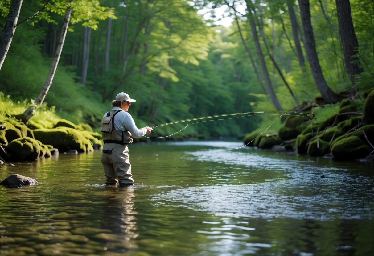 A person fishing in a small creek surrounded by forest, standing in clear shallow water casting a fishing rod.