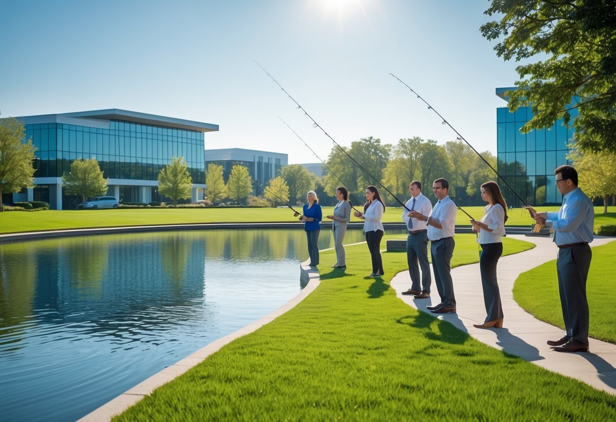 People fishing at a pond surrounded by office buildings and greenery in an office park.