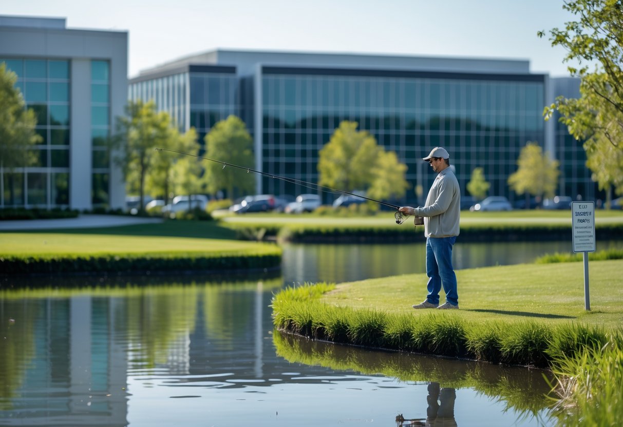 A person fishing by a pond in an office park with modern buildings and greenery around.