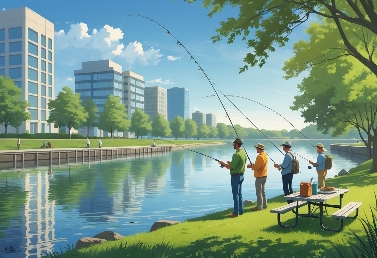 People fishing for bass along a city riverbank and suburban lakeside during midday, with buildings and trees in the background.