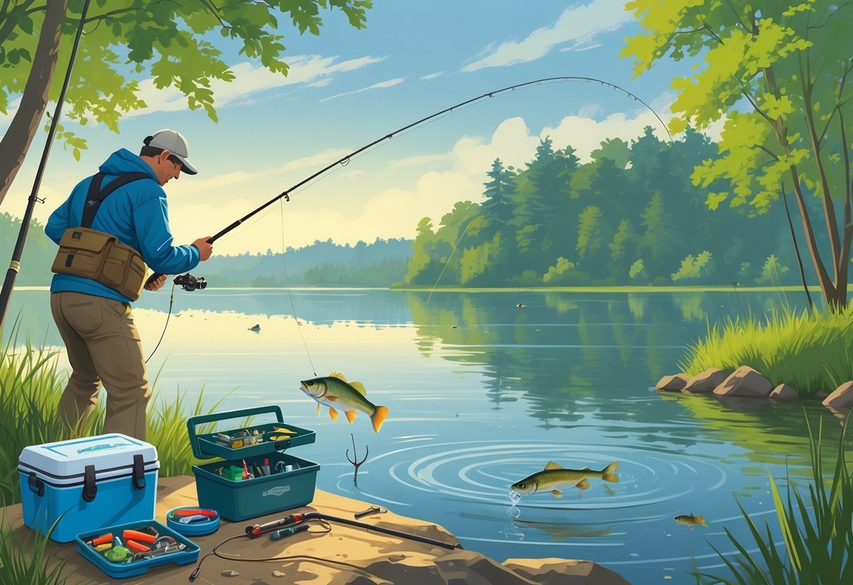 An angler at a lakeside during midday is preparing fishing gear and changing a lure on the line, with bass fish visible underwater and trees along the shore.