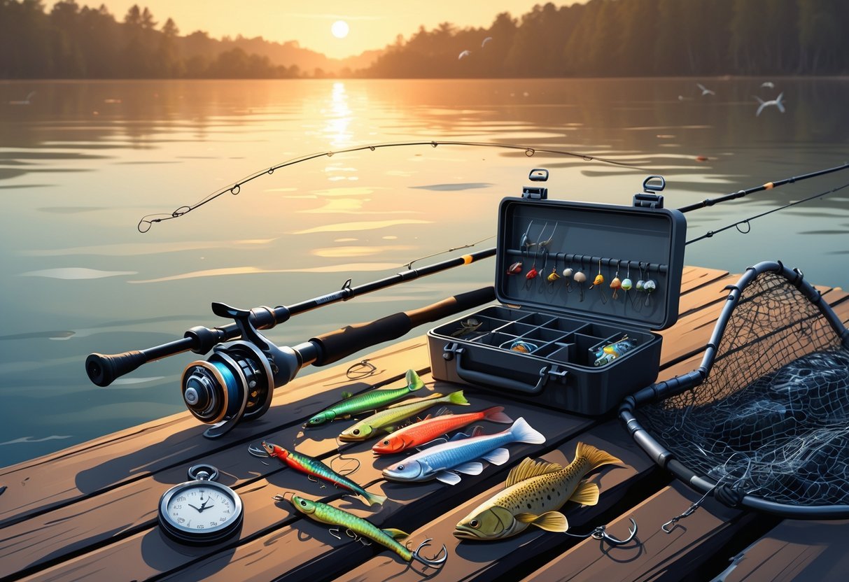 Fishing gear including a rod, lures, tackle box, net, and timer arranged on a wooden dock by a calm lake at sunrise.