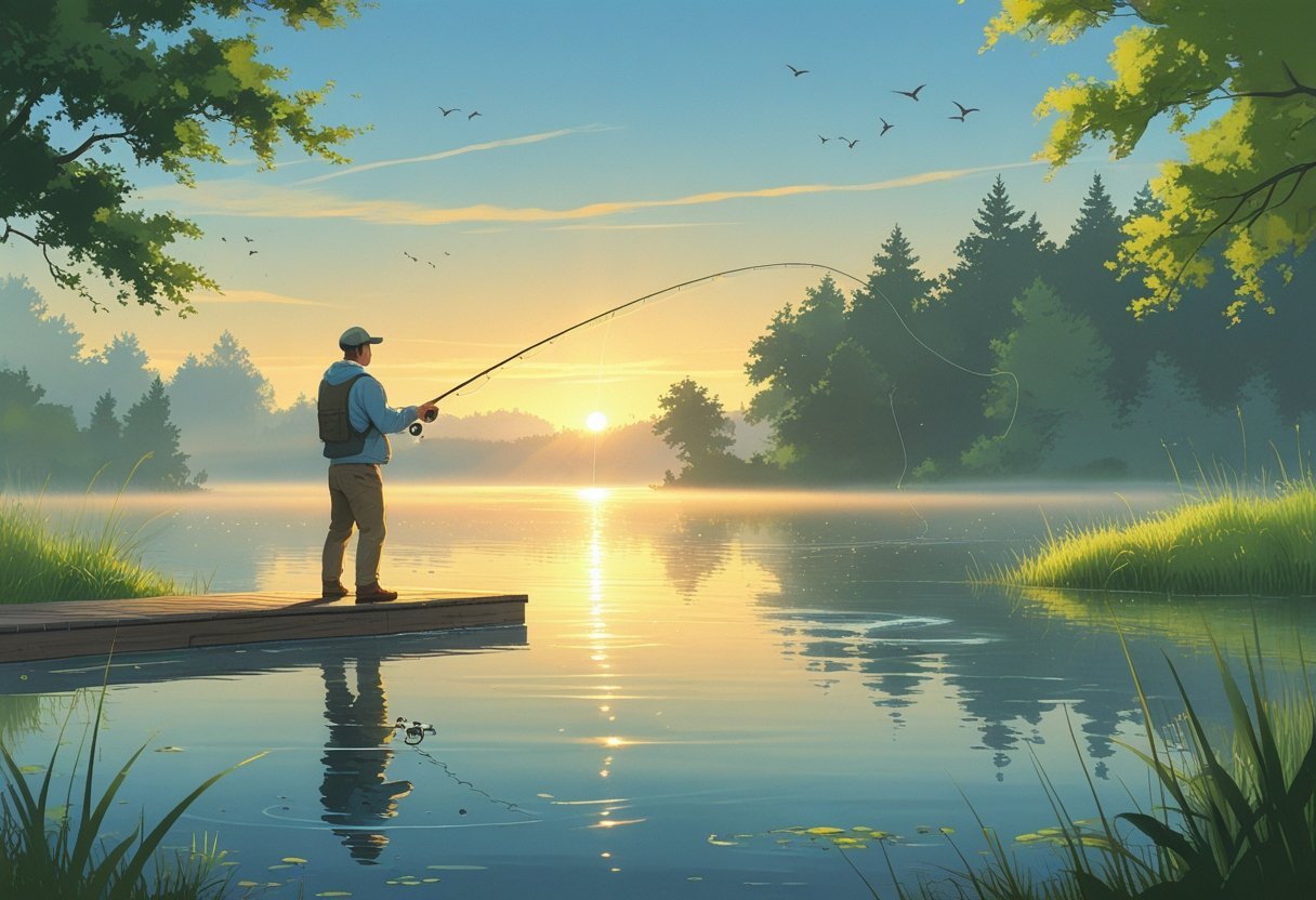 A person fishing on a wooden dock at sunrise by a calm lake surrounded by trees and birds in the sky.