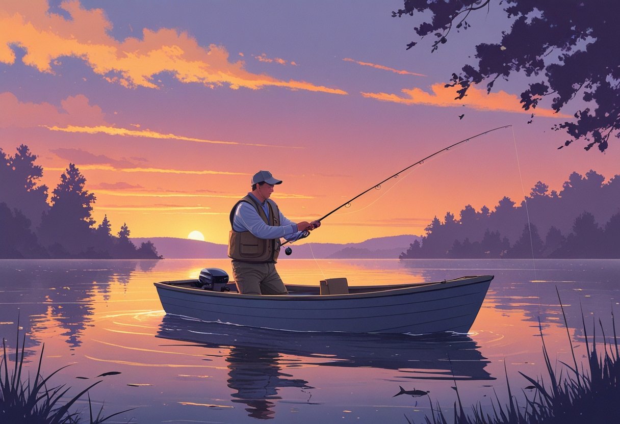 An angler fishing from a small boat on a calm lake during sunset with trees and hills in the background.