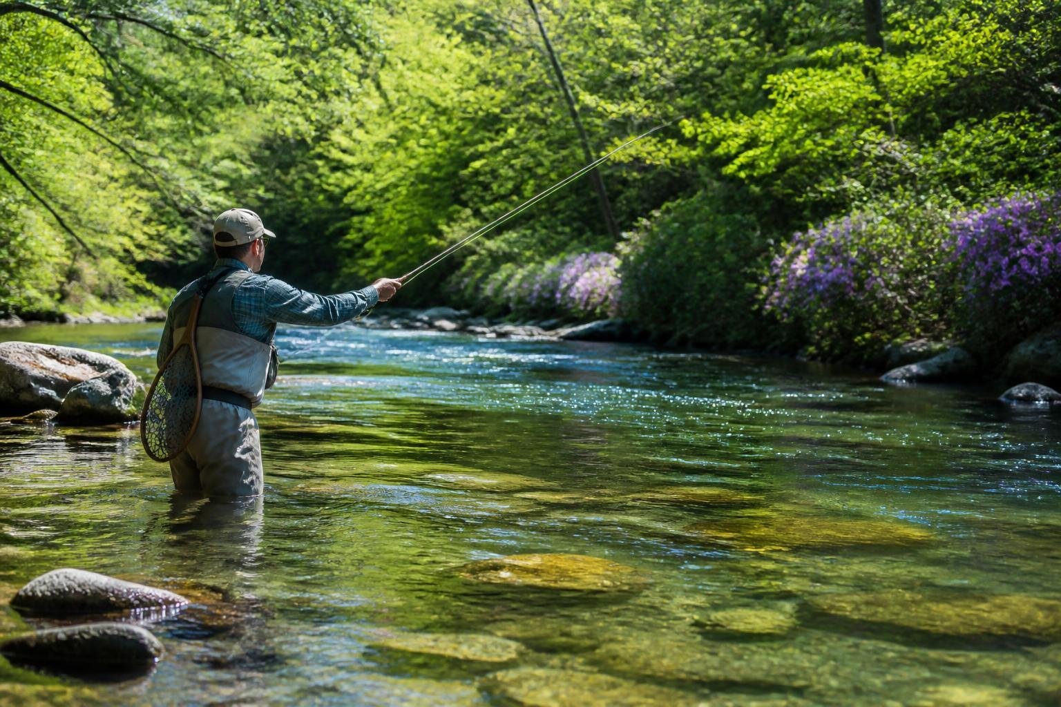 An angler fishing in a clear river surrounded by green trees and spring flowers, casting a line toward a spot in the water.