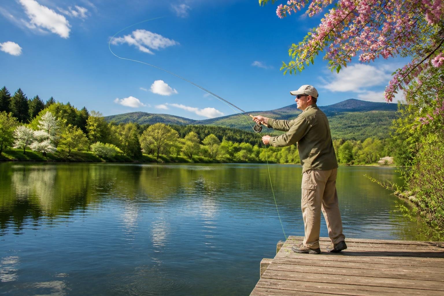 An angler casting a fishing line from a wooden dock on a calm lake surrounded by green trees and spring flowers under a blue sky.