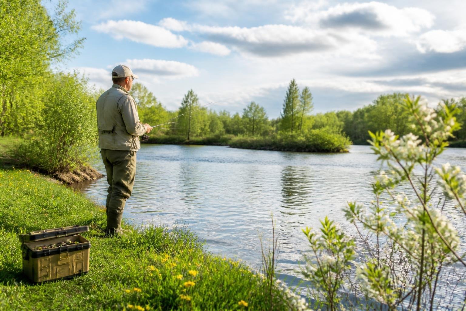 An angler fishing by a calm river surrounded by green plants and blooming flowers on a spring day.