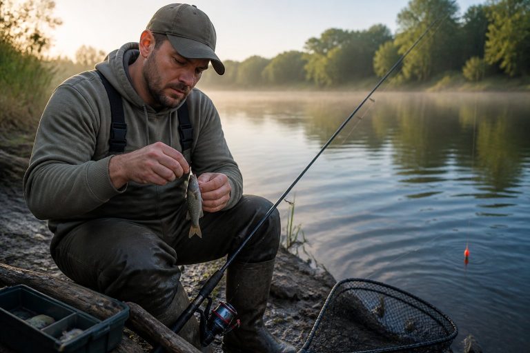An angler prepares live bait beside a calm freshwater fishing spot.