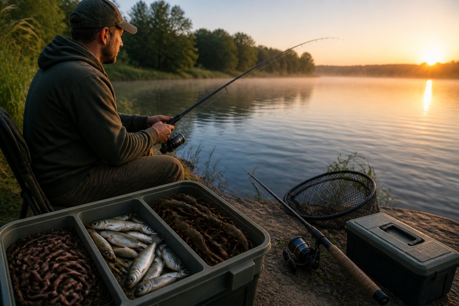 Angler prepares earthworms, minnows, and crawfish as live bait beside a calm freshwater river.