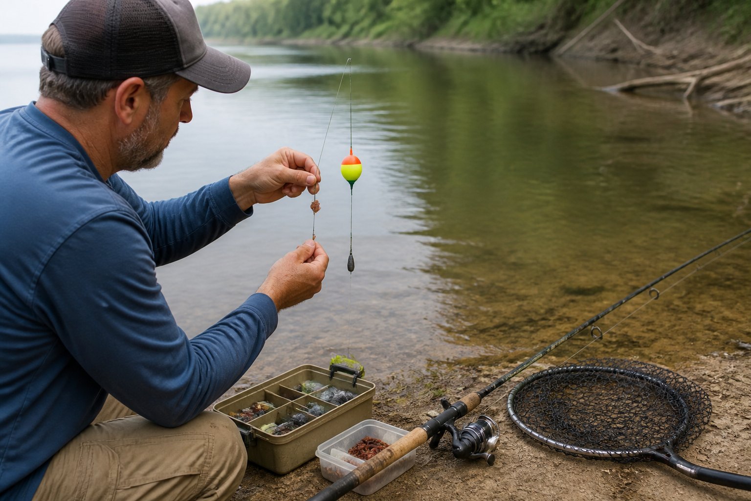 An angler adjusts a live bait fishing rig beside a calm, murky freshwater river.