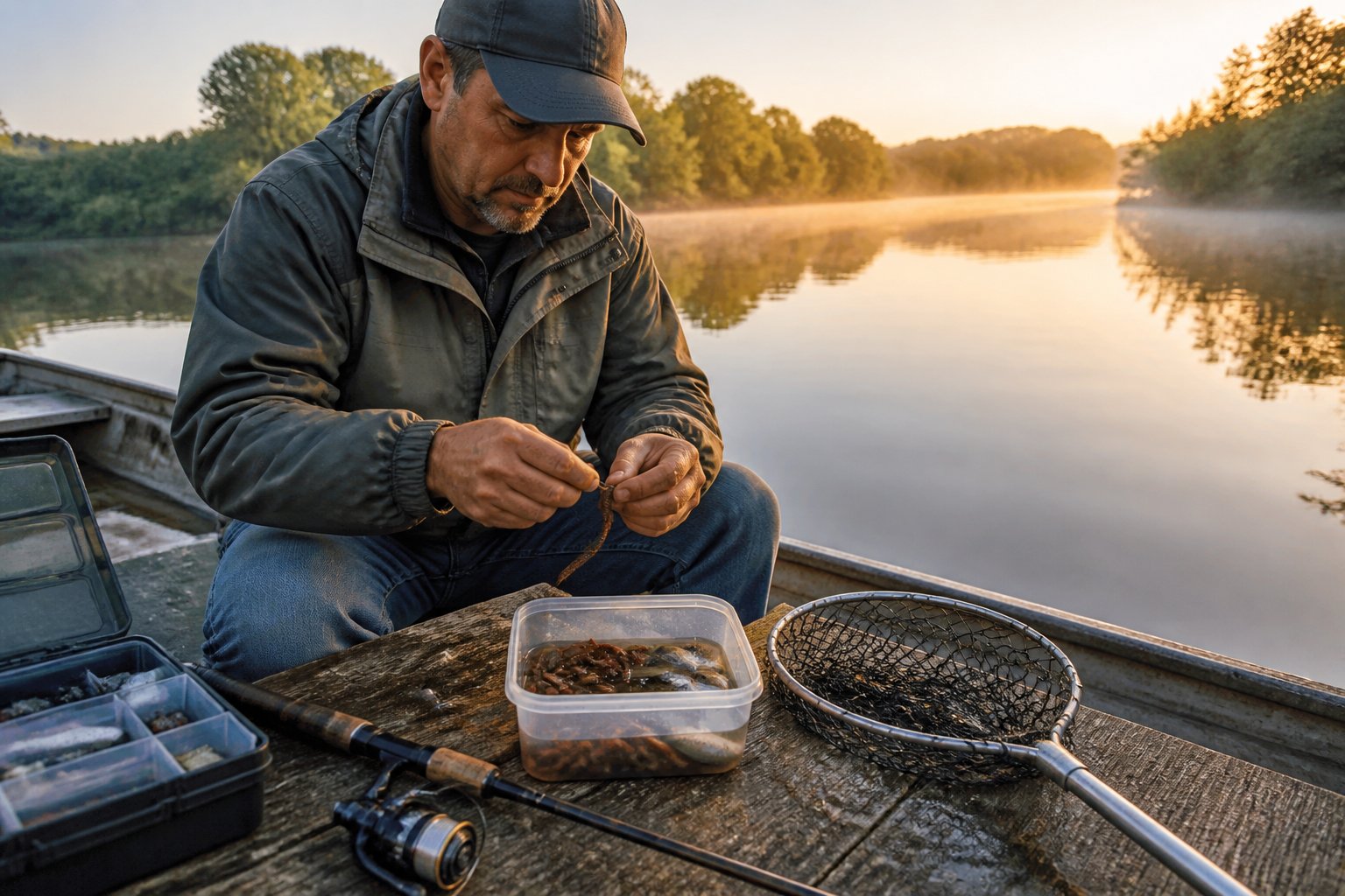 Angler prepares live bait and catfish fishing gear beside a calm freshwater shoreline.