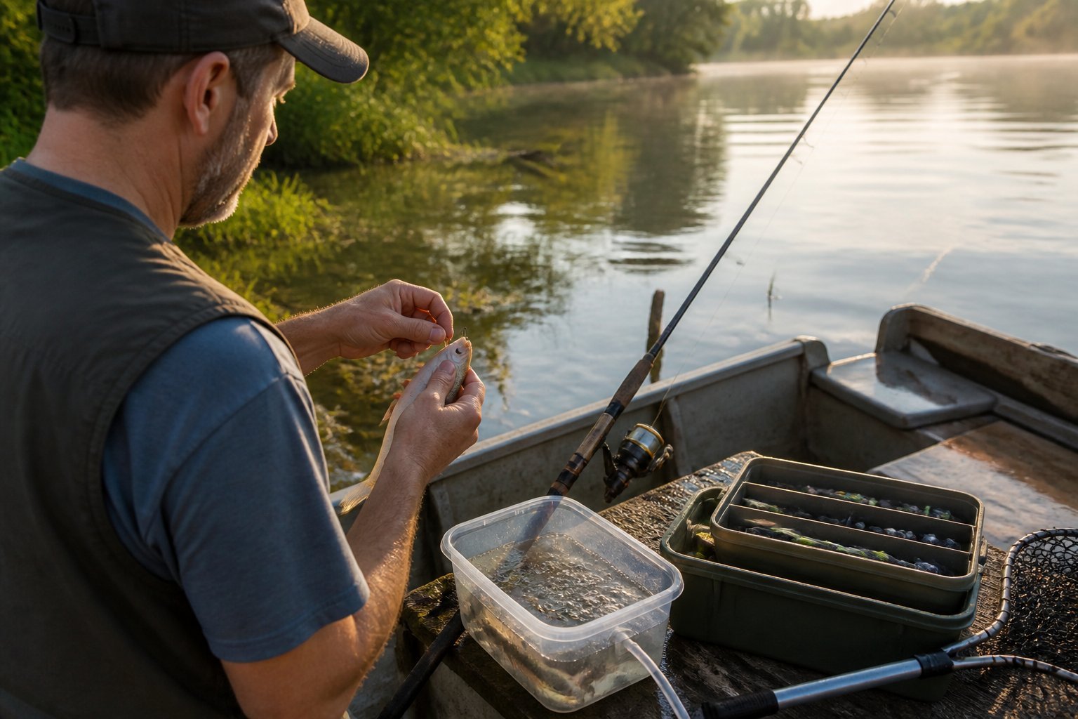 Angler preparing live bait beside catfish fishing gear on a calm river.