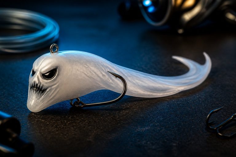 A ghost-shaped fishing lure resting on a dark surface beside fishing tackle.