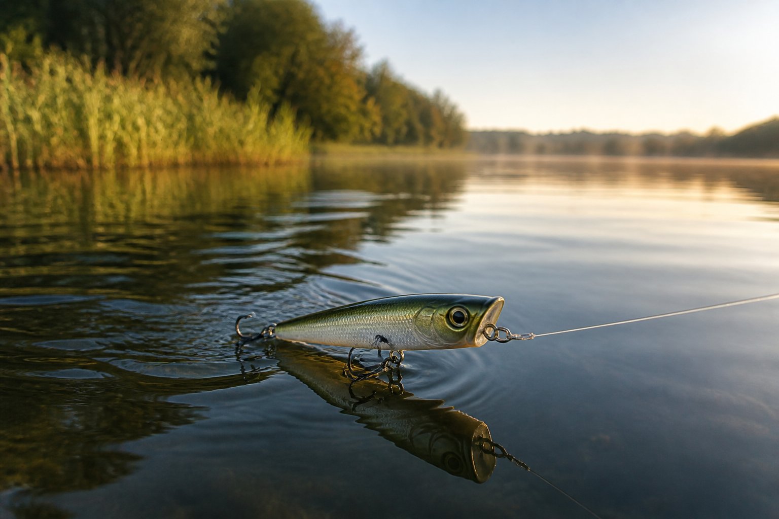 A fishing lure glides across the surface of a calm lake, leaving a small wake.