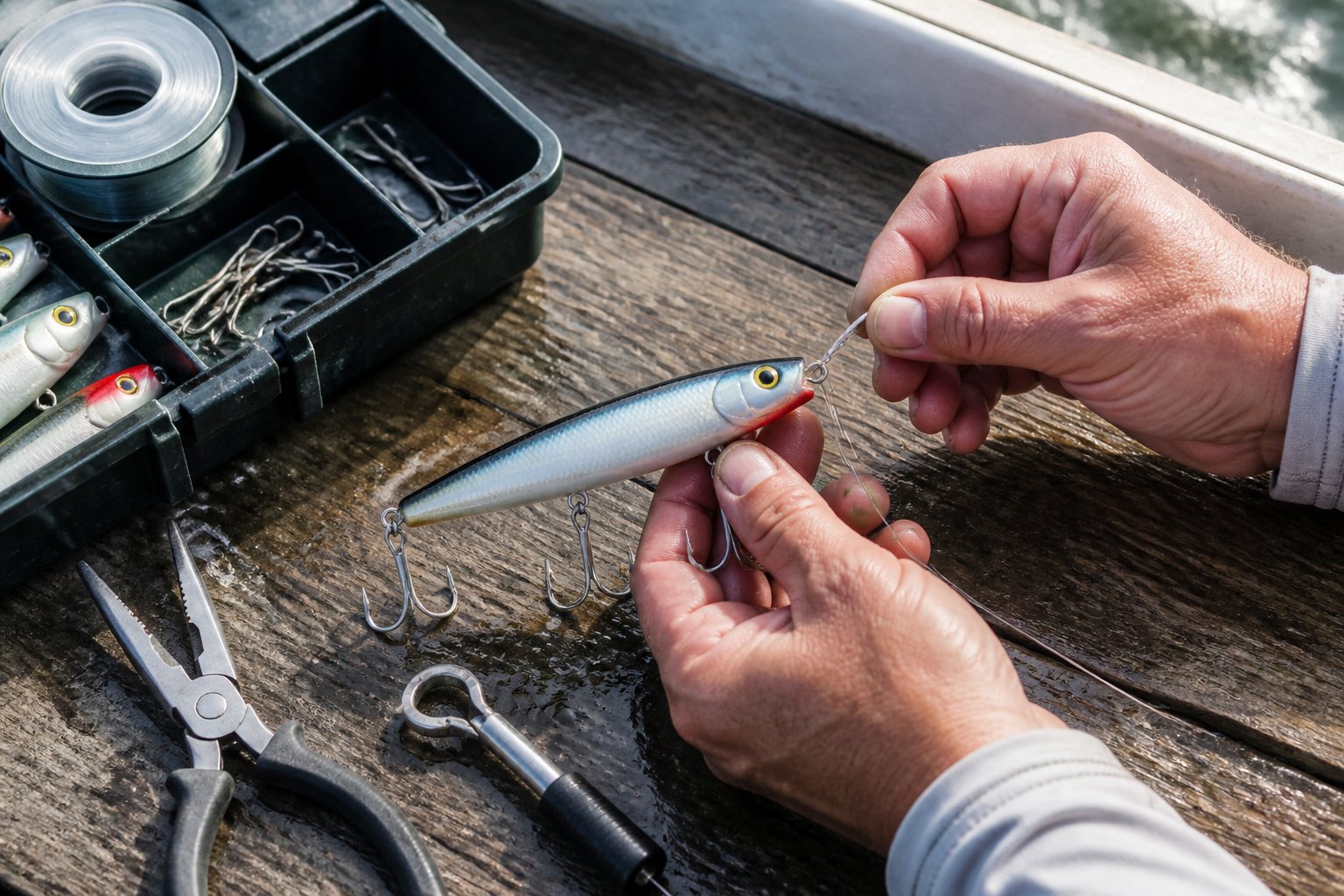 An angler prepares a spook fishing lure beside an open tackle box on a boat deck.