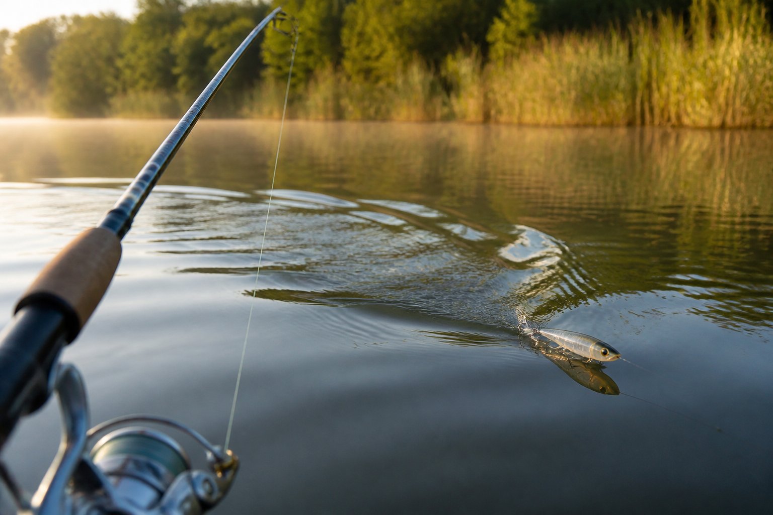 A topwater fishing lure glides across a calm lake, creating small ripples near a rod.
