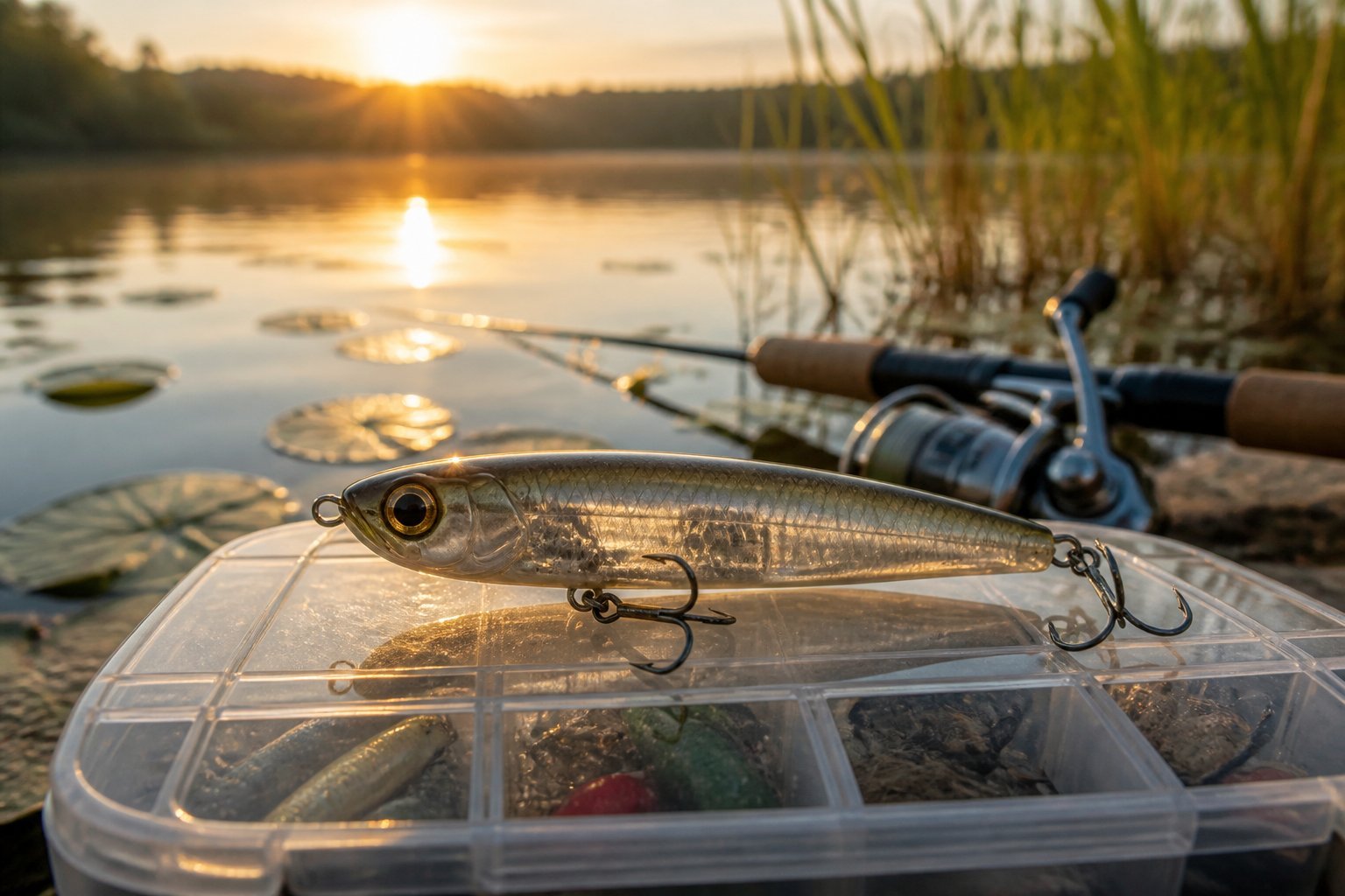A topwater fishing lure and tackle box beside a calm freshwater shoreline in the morning.