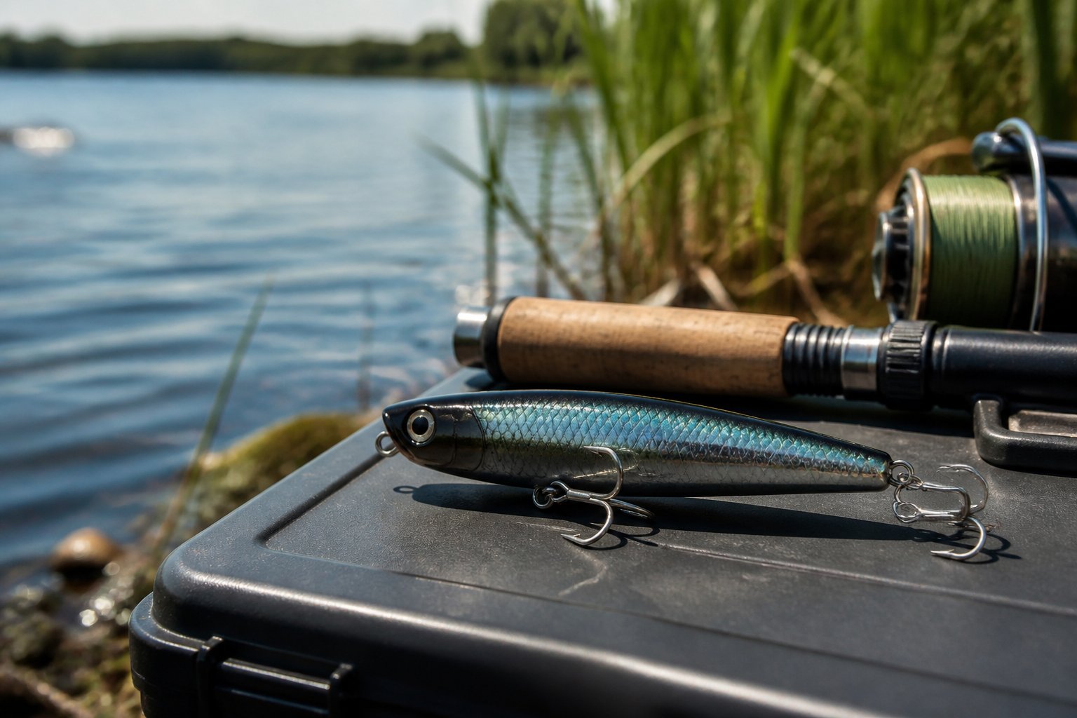 A topwater fishing lure rests on a tackle box beside a calm freshwater shoreline.