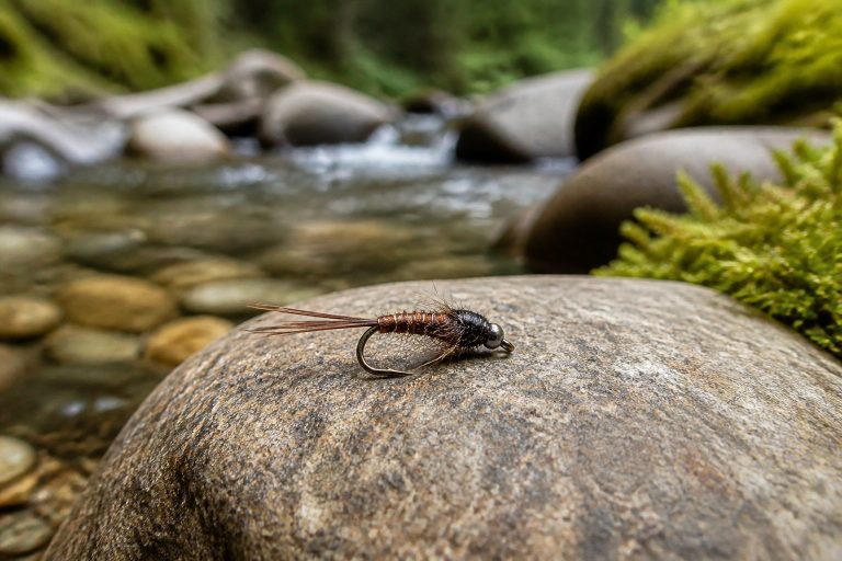 A pheasant tail nymph fishing fly rests on a river stone beside a clear mountain stream.