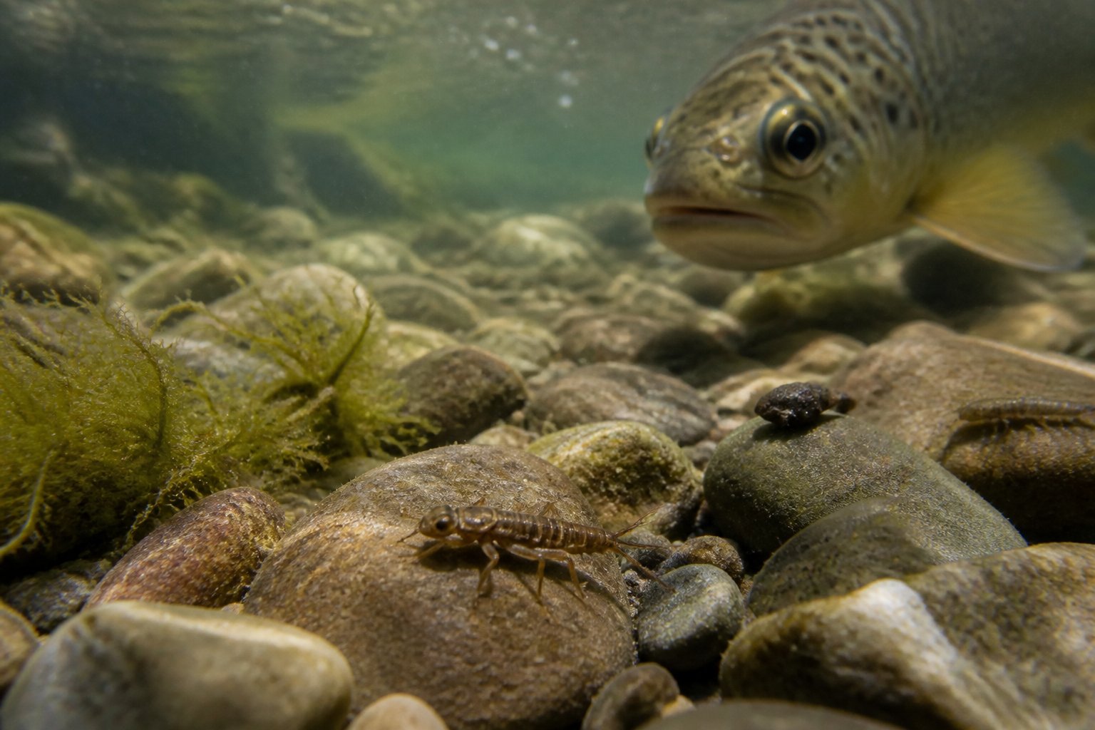 A pheasant tail nymph and natural aquatic insects rest among stones in a clear stream while a trout approaches.