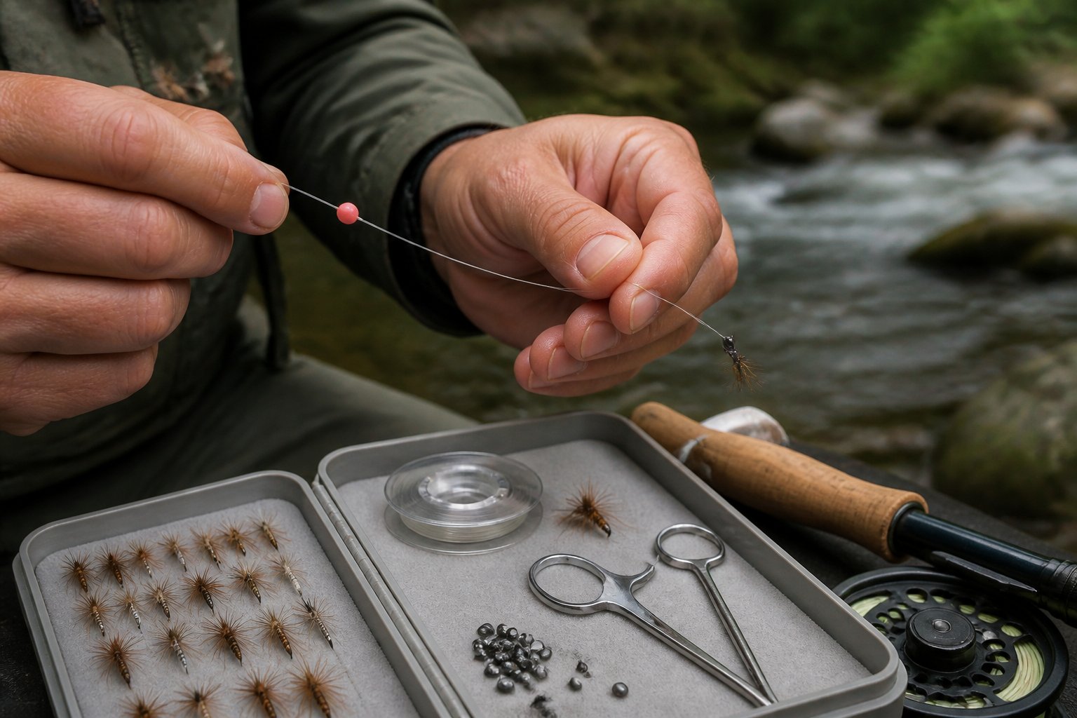 Hands assemble a pheasant tail nymph fishing rig beside a clear mountain stream.