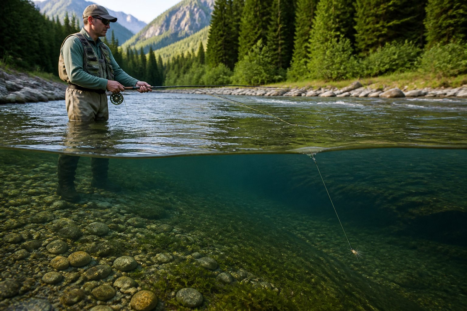 An angler guides a pheasant tail nymph through a clear mountain stream near the streambed.