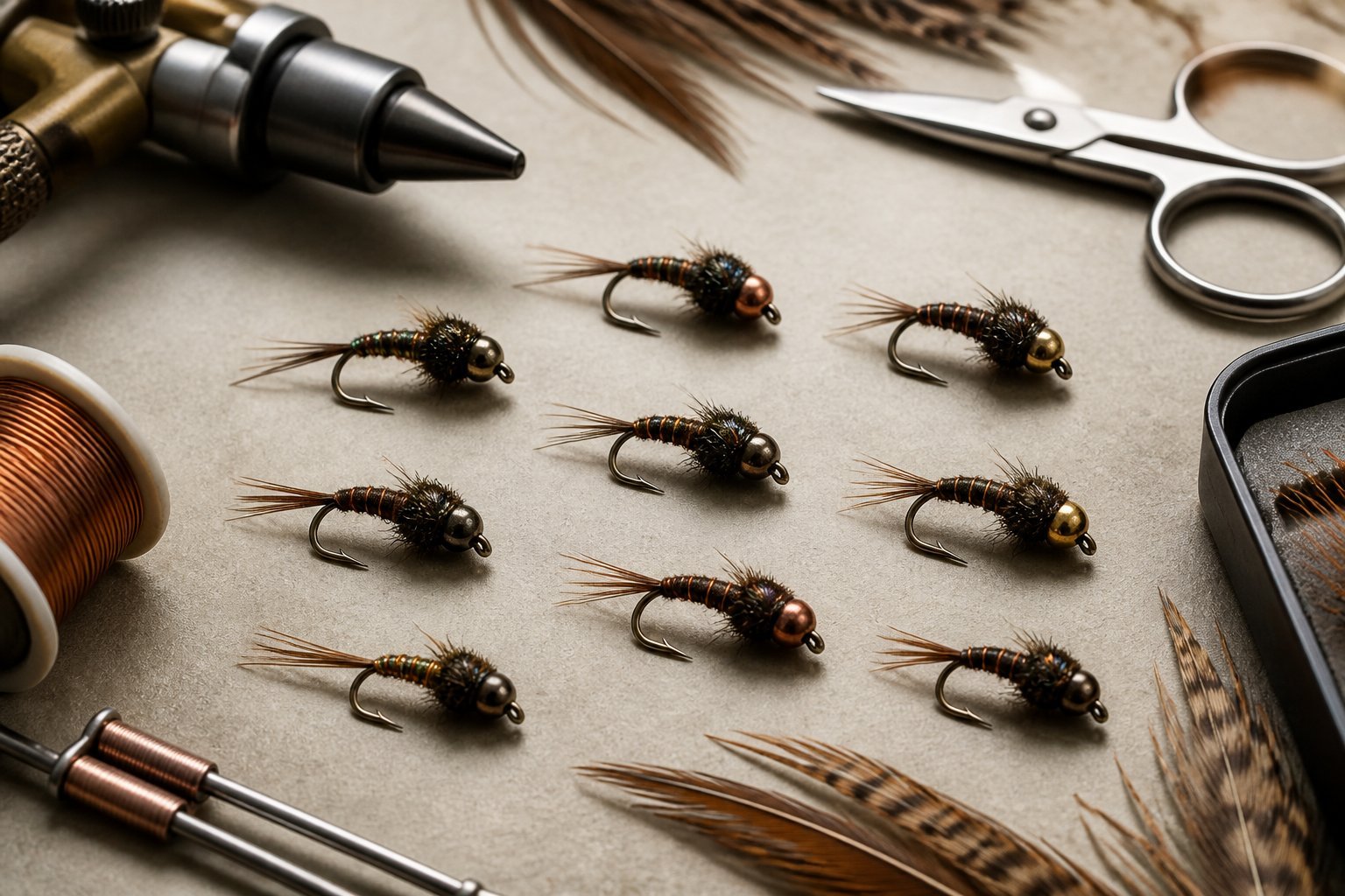 A selection of pheasant tail nymph fishing flies and fly-tying tools arranged on a work surface.