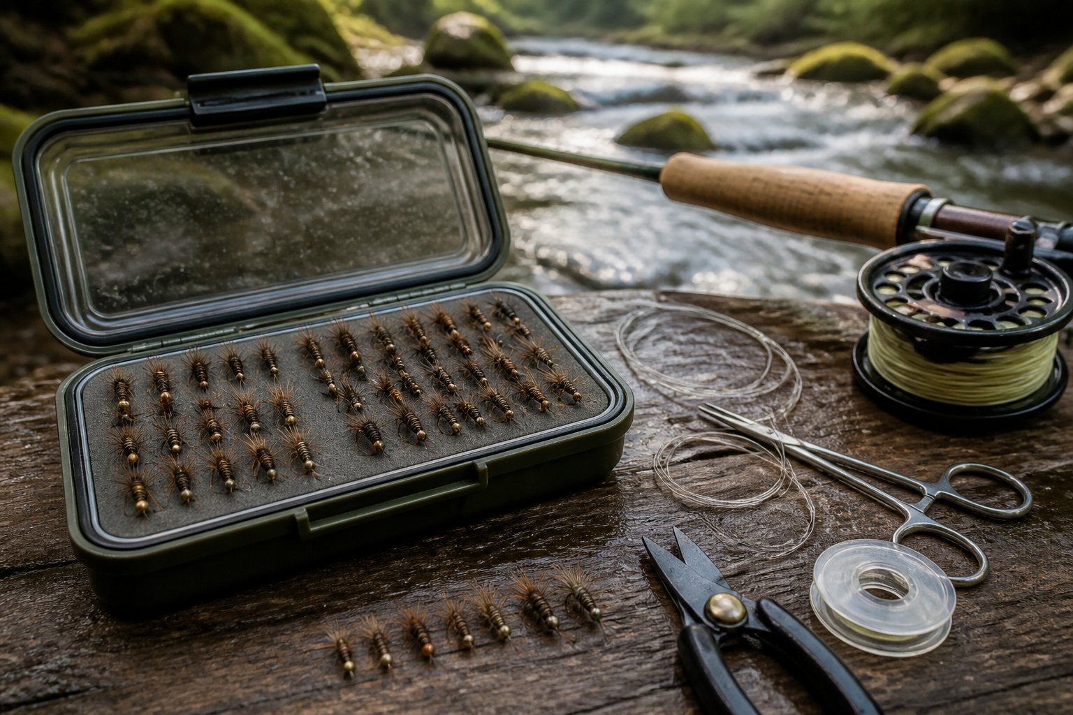 An open fly box filled with pheasant tail nymphs beside fishing tools and a clear trout stream.