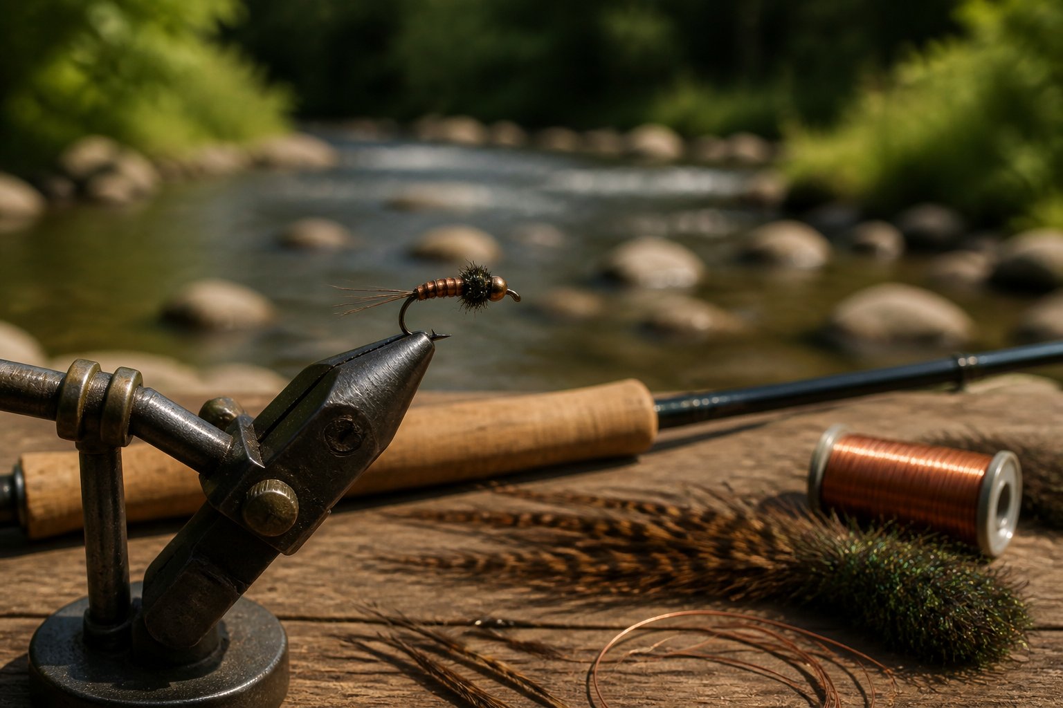 A pheasant tail nymph fly beside fly-tying tools on a workbench with a blurred stream in the background.