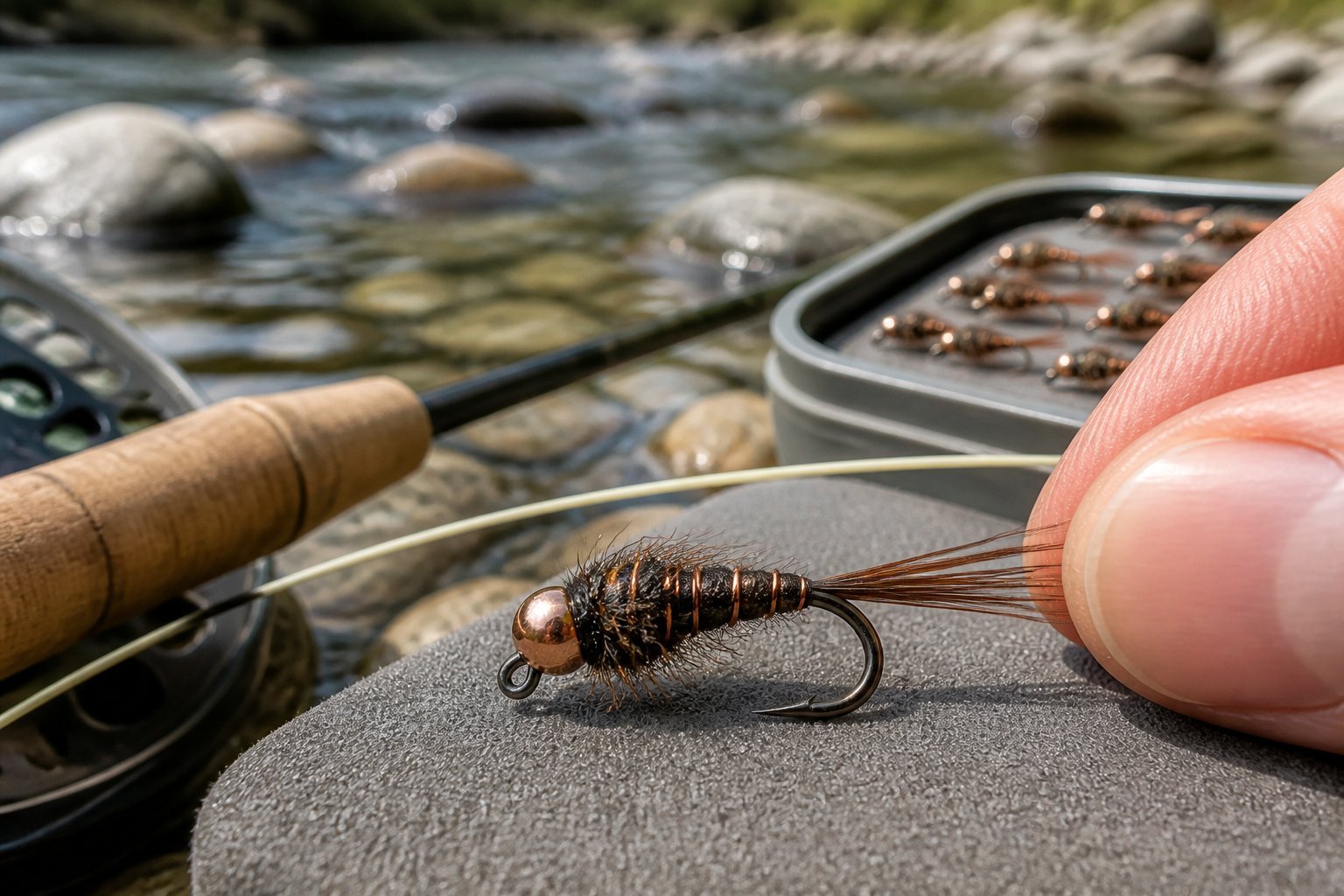 A pheasant tail nymph fly beside a clear trout stream and fly-fishing gear.