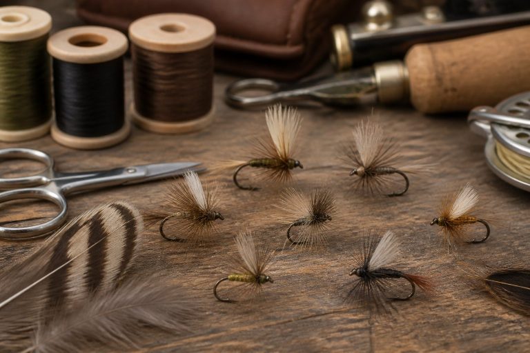 Several handcrafted dry fly fishing flies arranged on a wooden workbench with feathers and fly-tying tools.