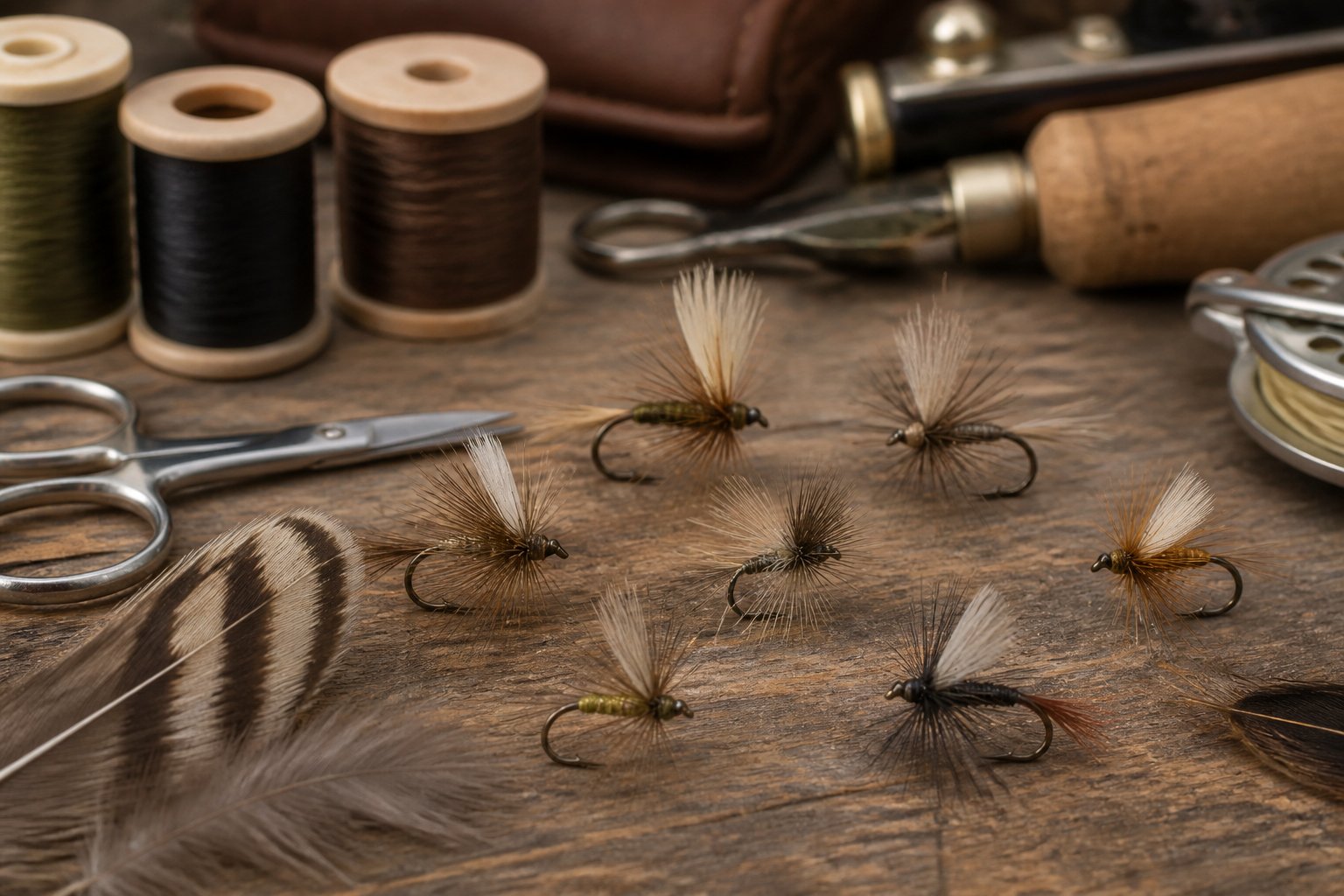 Several handcrafted dry fly fishing flies arranged on a wooden workbench with feathers and fly-tying tools.