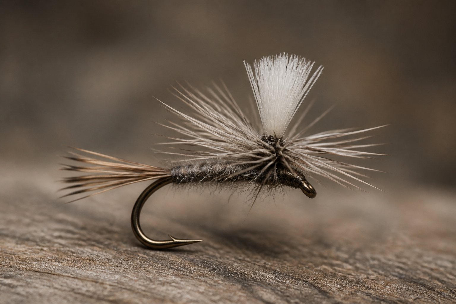 A detailed dry fishing fly with a gray body and upright feather post resting against a softly blurred natural background.
