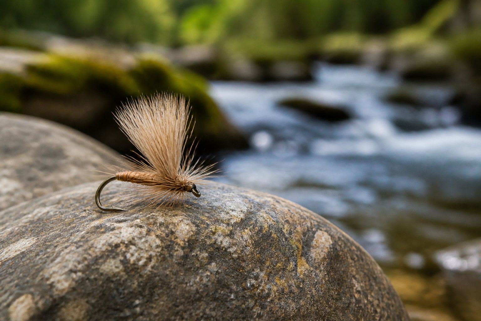A detailed Elk Hair Caddis fly resting on a stone beside a clear mountain stream.