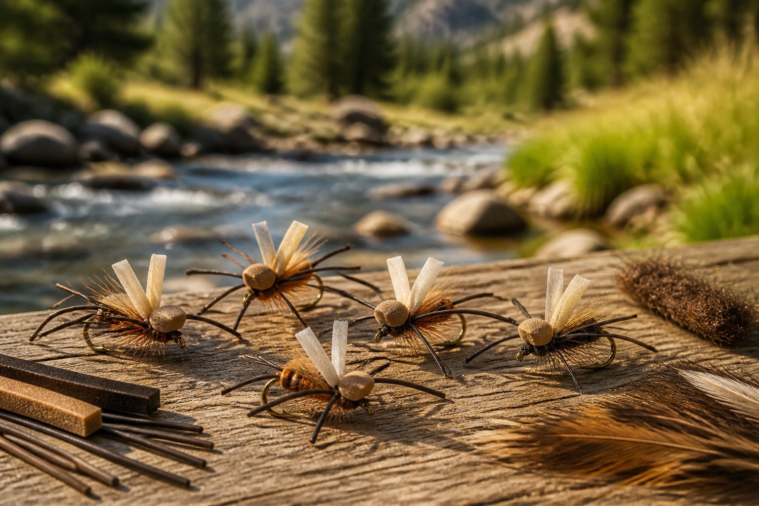Several colorful dry fishing flies arranged on a wooden bench beside a mountain stream.