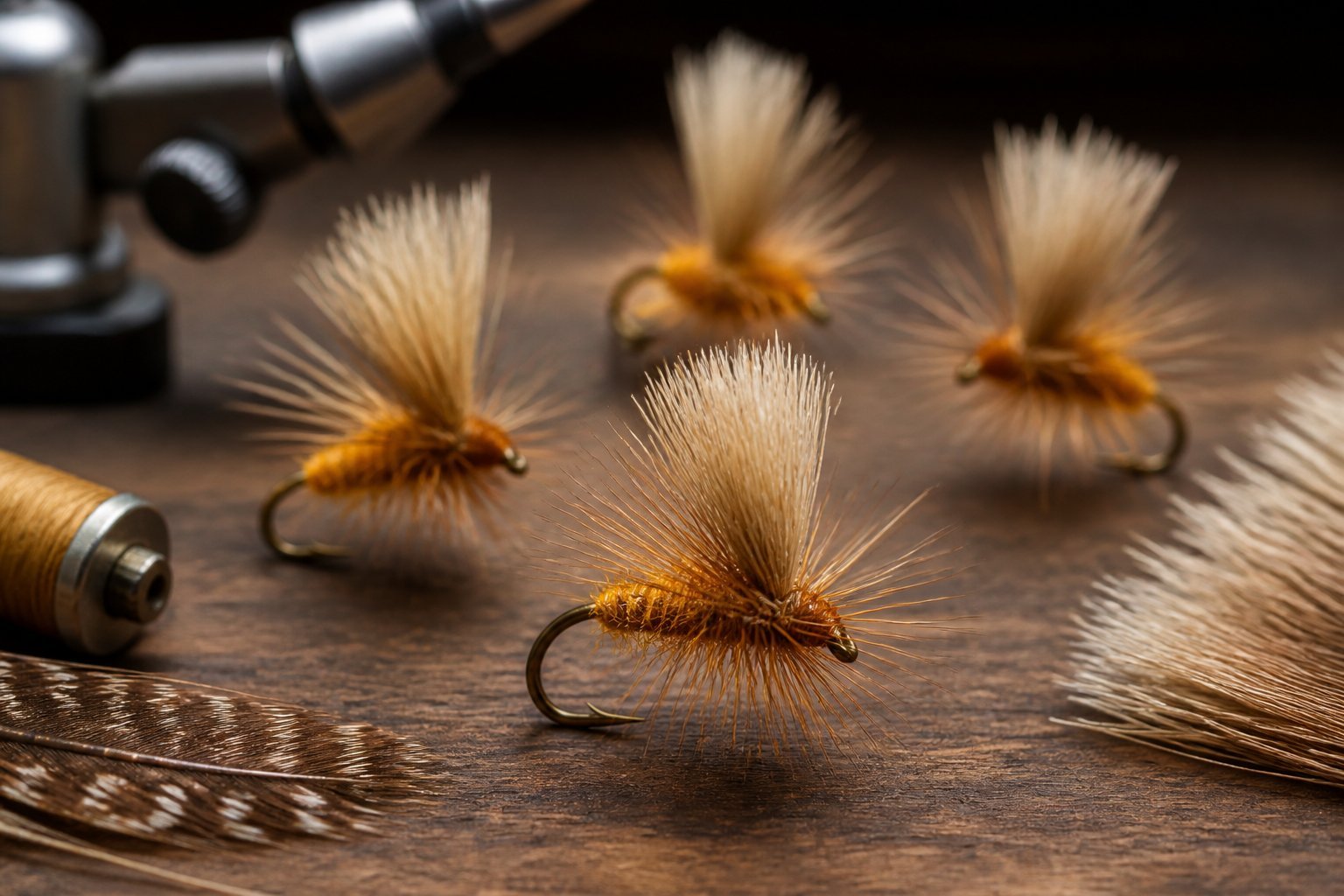 Several Stimulator dry flies arranged on a fly-tying work surface.
