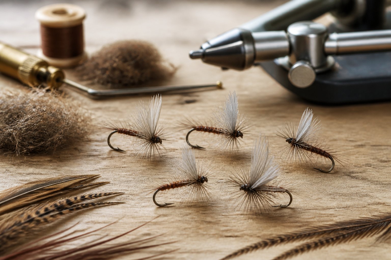 Several Hendrickson dry flies rest on a fly-tying work surface beside feathers and fishing tools.