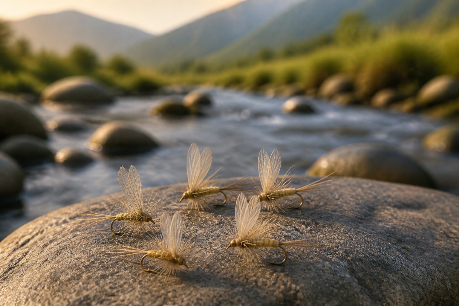 Pale yellow mayfly fishing flies arranged beside a softly blurred morning stream.