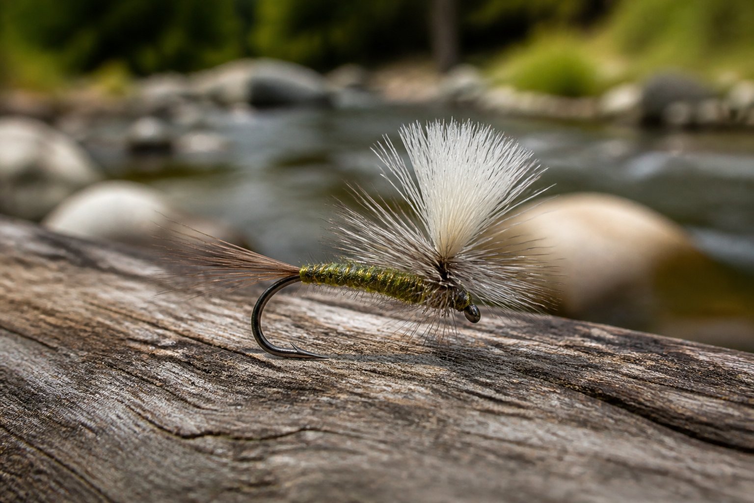 A Blue-Winged Olive parachute dry fly resting on a natural surface beside a softly blurred stream.