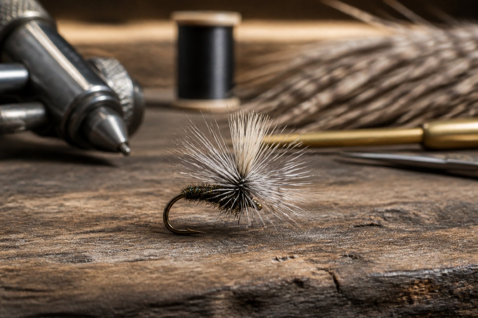 A Griffith’s Gnat dry fly rests on a wooden fly-tying bench beside blurred fishing tools and materials.