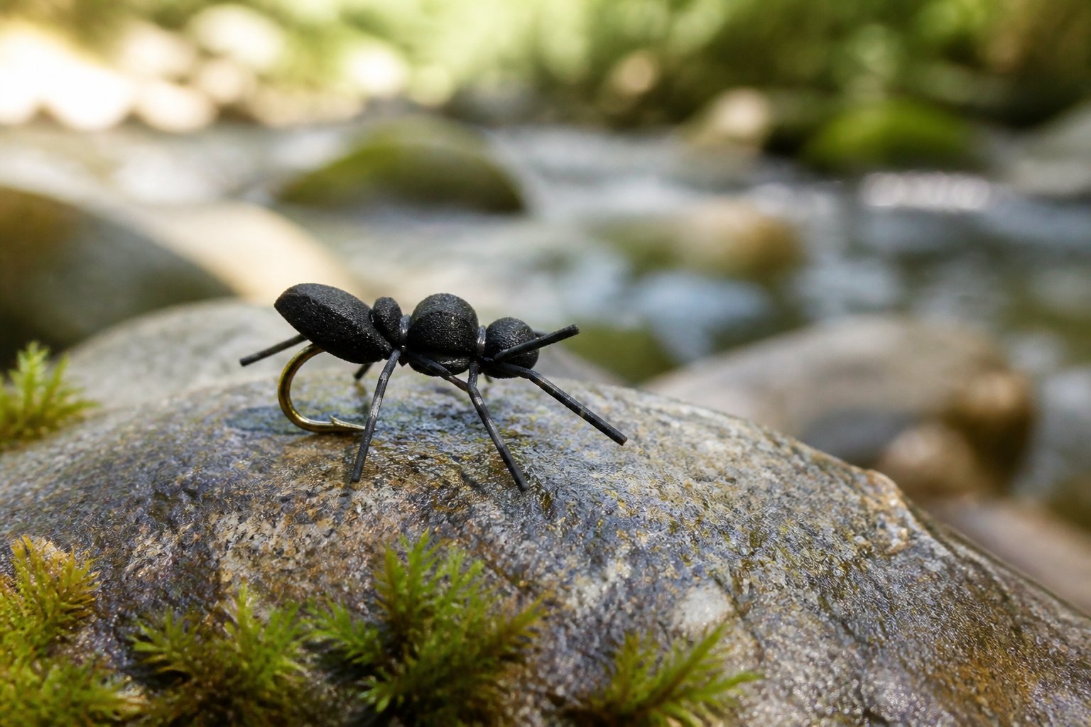 A black foam ant fishing fly rests on a mossy stone beside a clear stream.