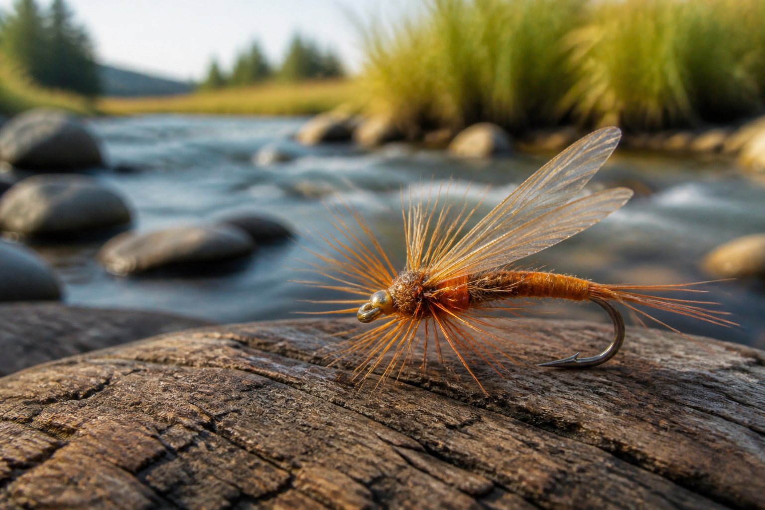 A Rusty Spinner dry fly resting beside a clear freshwater stream.