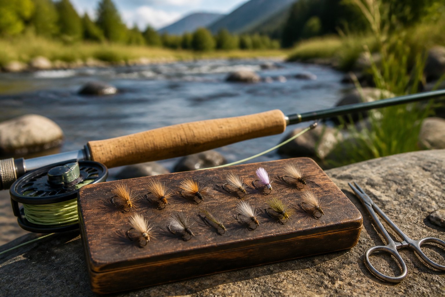 A selection of dry flies and fishing gear arranged beside a clear mountain stream.